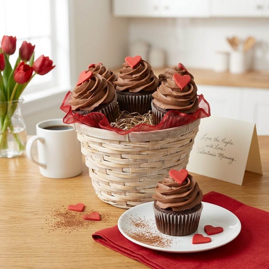 Valentine Hearts Cupcake Bouquet of chocolate buttercream cupcakes with red fondant hearts in a woven basket beside red tulips and a Valentine's card, kosher, made in Chestnut Hill MA