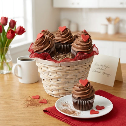 Valentine Hearts Cupcake Bouquet of chocolate buttercream cupcakes with red fondant hearts in a woven basket beside red tulips and a Valentine's card, kosher, made in Chestnut Hill MA