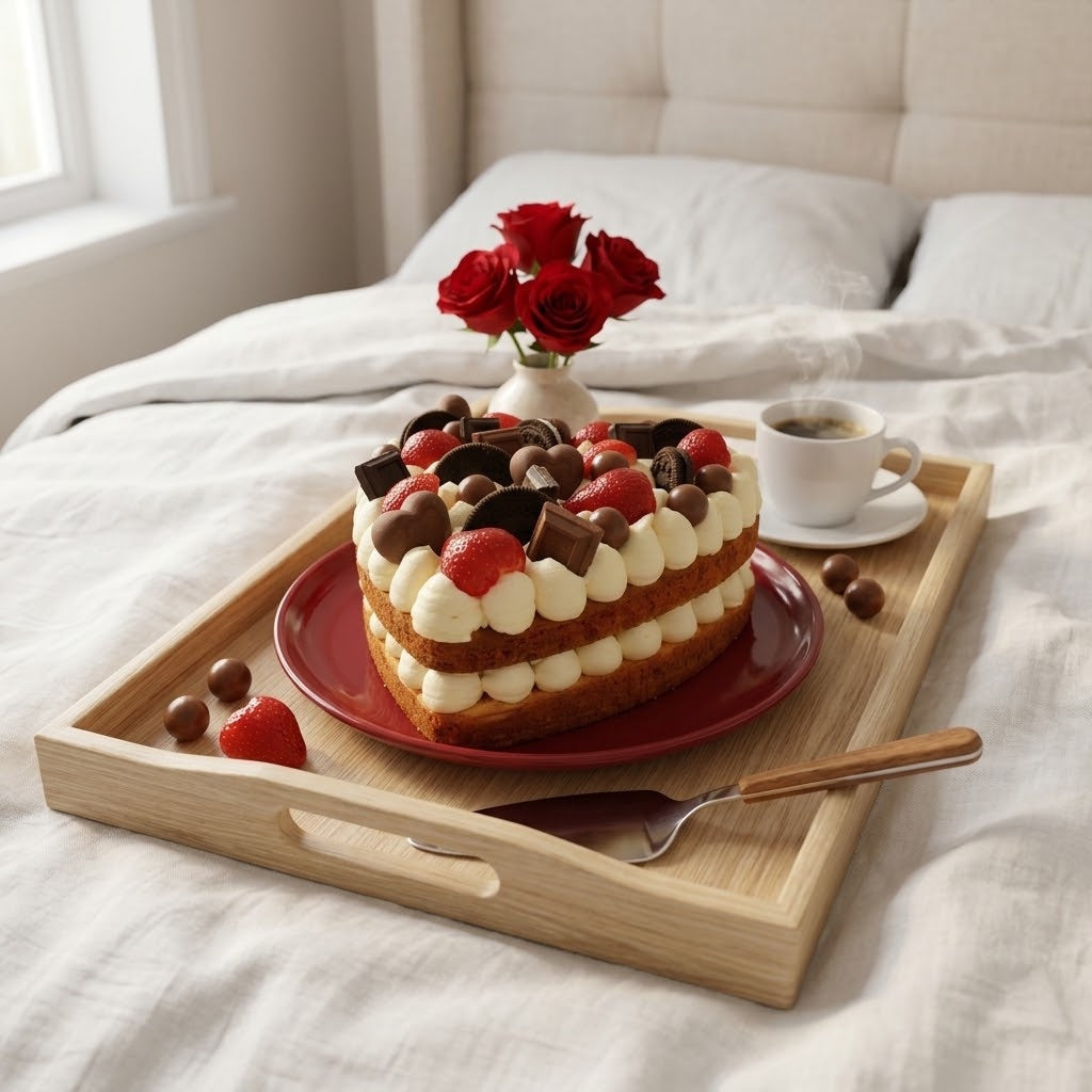 Valentine's Day Heart Shaped Cake with cream buttercream rosettes, strawberries and chocolates on a red plate on a breakfast tray in bed with red roses, kosher, made in Chestnut Hill MA