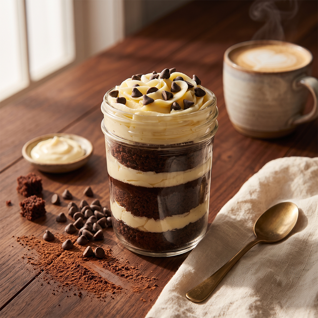 Vanilla and chocolate kosher cupcake jar with chocolate cake, vanilla buttercream, and chocolate sprinkles.