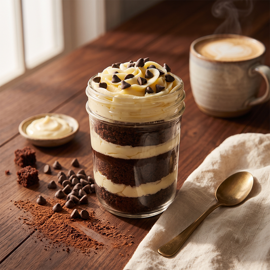Vanilla and chocolate kosher cupcake jar with chocolate cake, vanilla buttercream, and chocolate sprinkles.