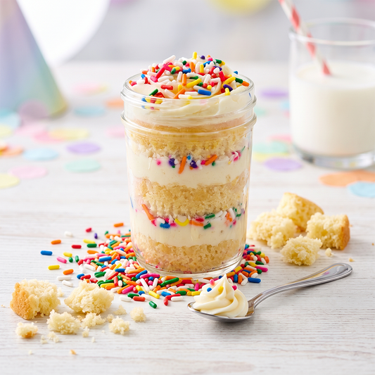Vanilla sprinkles kosher cupcake jar with layered vanilla cake, vanilla buttercream, and rainbow sprinkles.