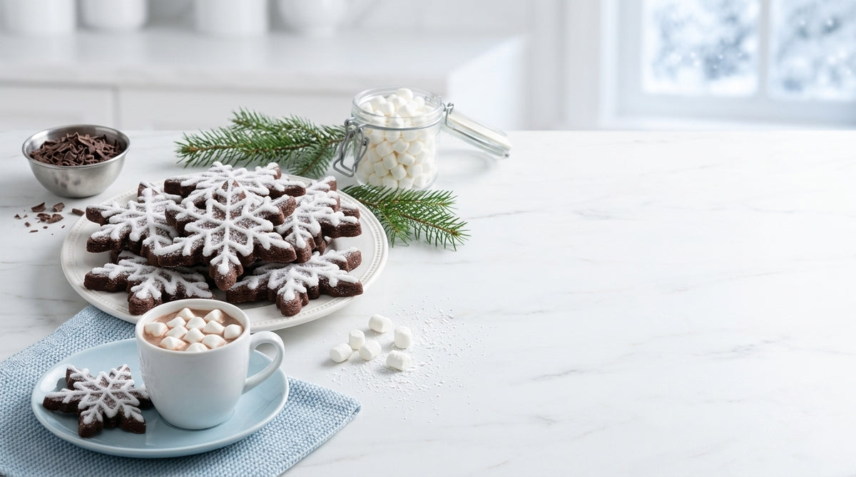 Snowflake decorated chocolate cookies on a white plate with cocoa and marshmallows on a marble counter