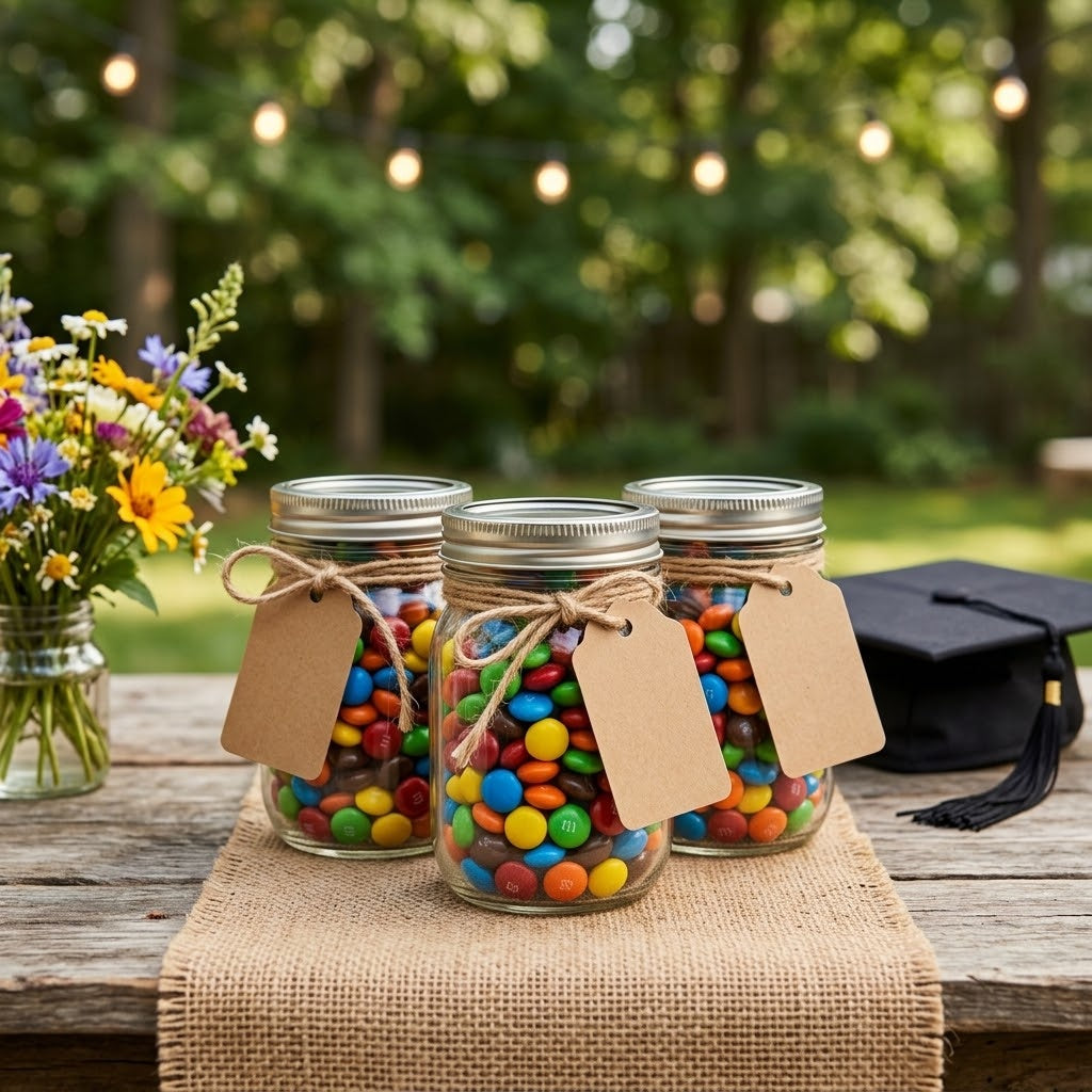 Mason jar M&M's candy favors with twine and kraft tags on a graduation party table, kosher, made in Chestnut Hill MA