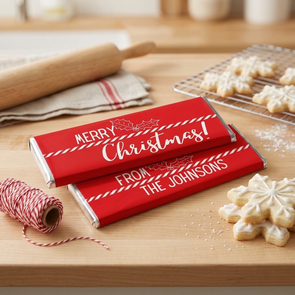 Merry Christmas Candy Cane Stripe design, wrapped Hershey bars, styled on a butcher block with a rolling pin, striped bakers twine and iced snowflake cookies