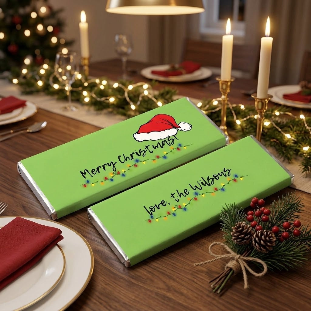 Merry Christmas wrapped Hershey's chocolate bars on an elegant dinner table with candles, pine and berries, and a red napkin place setting