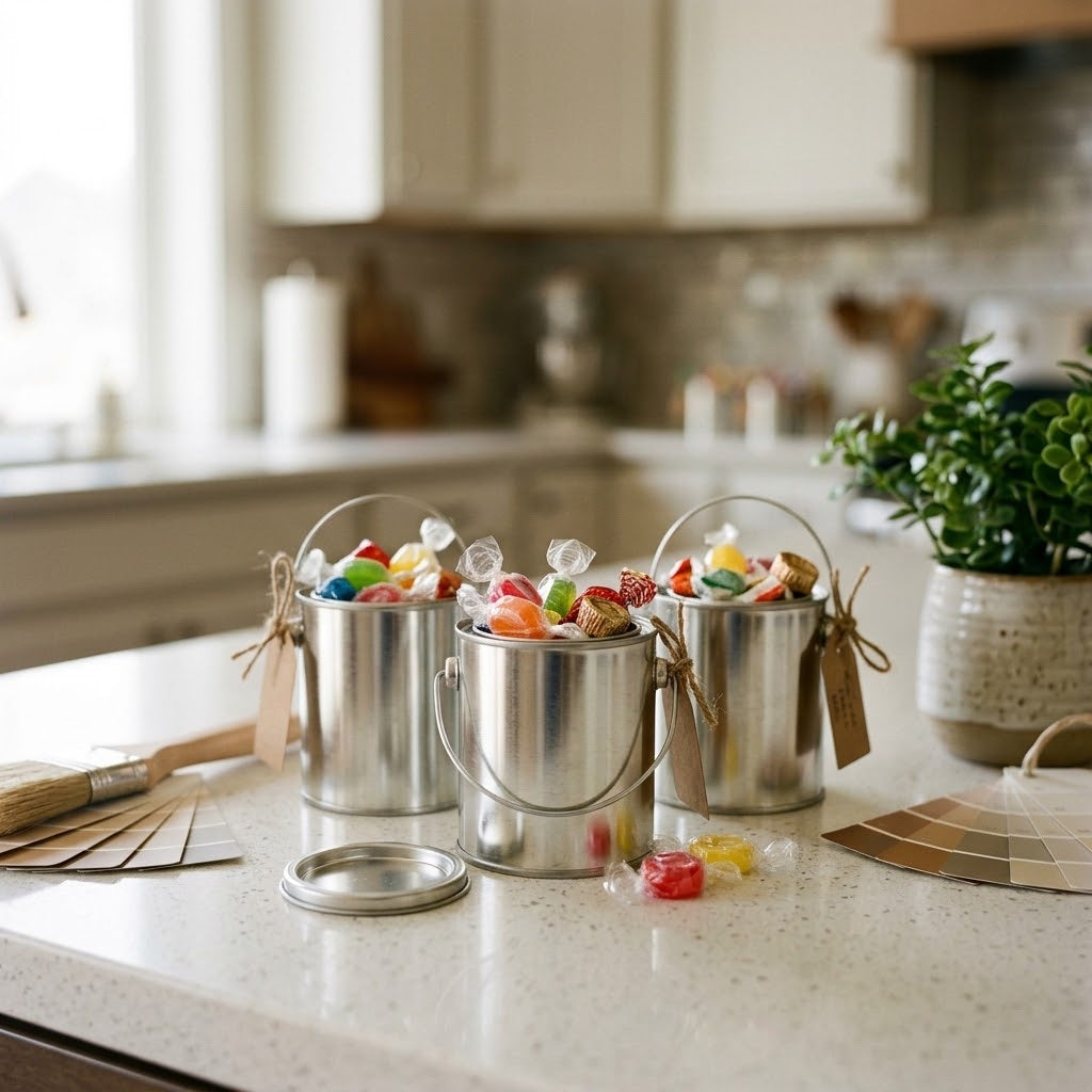 Mini paint can candy favors filled with wrapped candies on a housewarming kitchen counter, kosher, made in Chestnut Hill MA