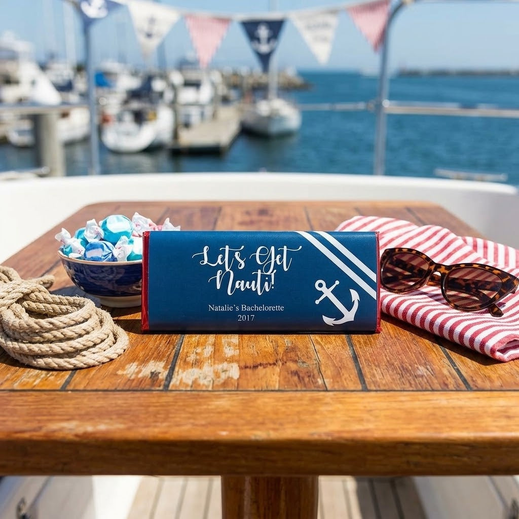 Nauti design, Nauti Bachelorette wrapped Hershey bar styled in a nautical boat deck scene