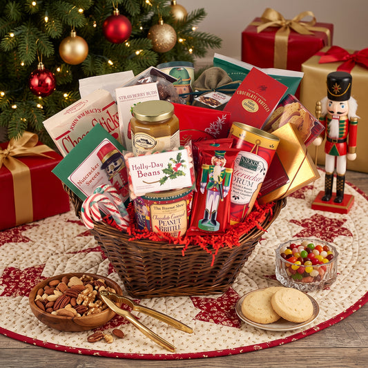 Nutcracker sweet holiday gift basket in willow with a painted nutcracker, shortbread cookies, mixed nuts and jelly beans, set under the Christmas tree on a tree skirt