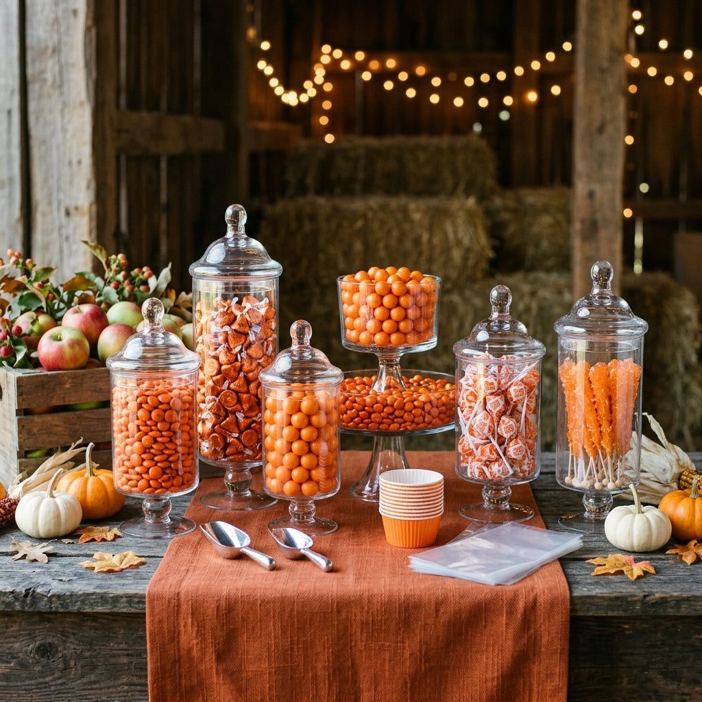 Orange candy buffet with glass apothecary jars of orange candies styled for a fall harvest party, kosher, made in Chestnut Hill MA