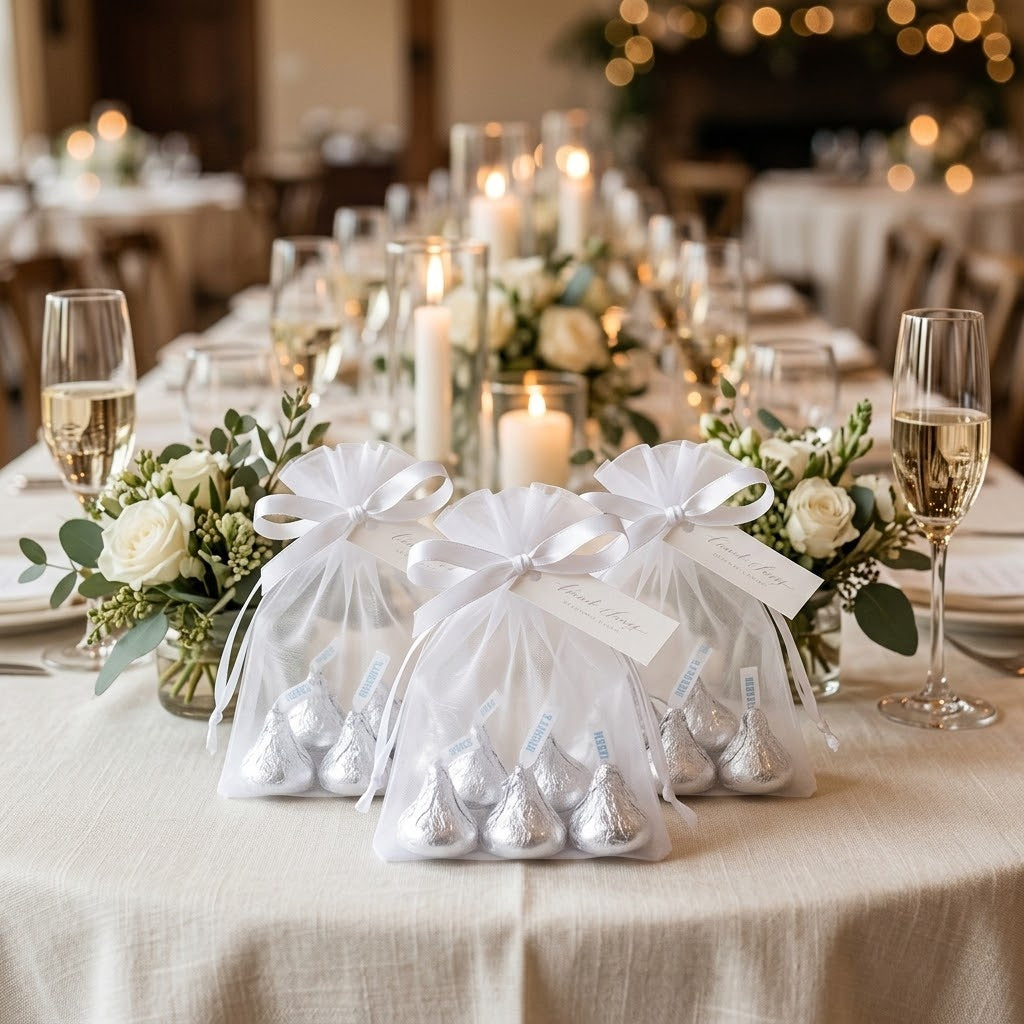 White organza favor bags with six Hershey's Kisses each on a wedding reception table, kosher, made in Chestnut Hill MA