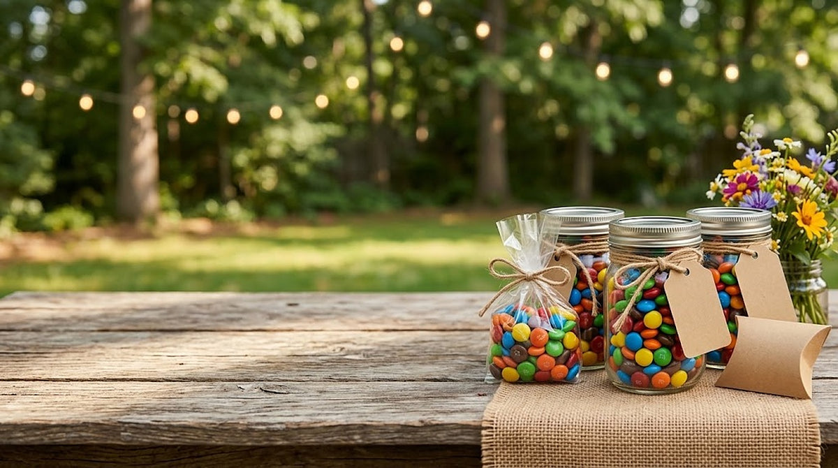 Mason jar candy favors with twine and kraft tags, a cello favor bag and a pillow box on a rustic garden party table