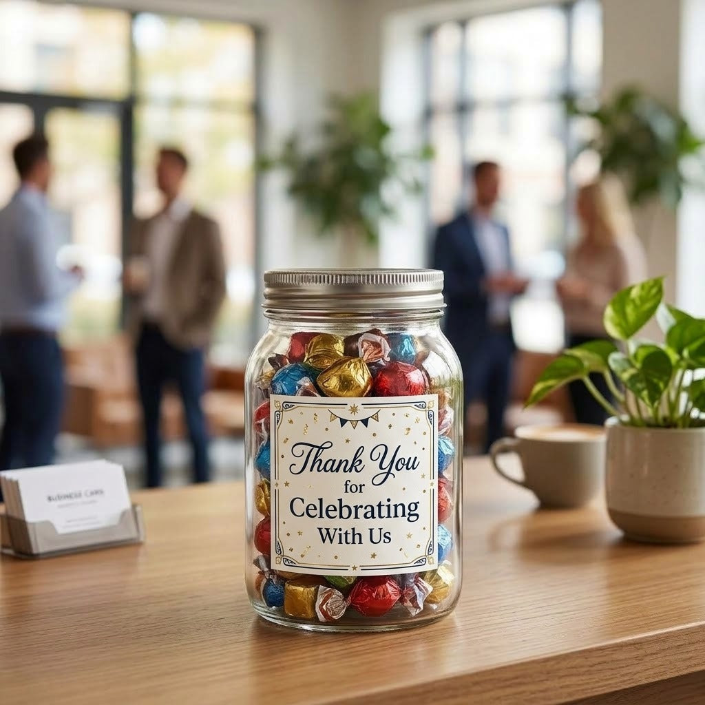 Personalized 1 lb candy jar with a printed graphic event label