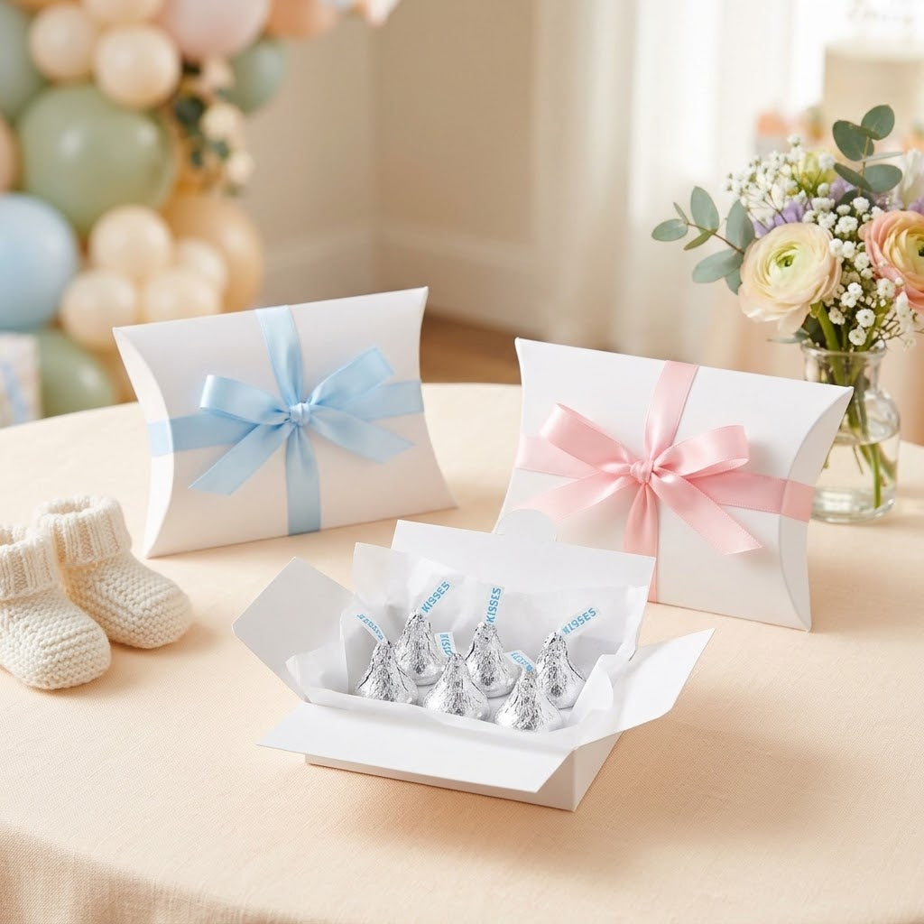 White pillow box candy favors with Hershey's Kisses on a baby shower gift table, kosher, made in Chestnut Hill MA