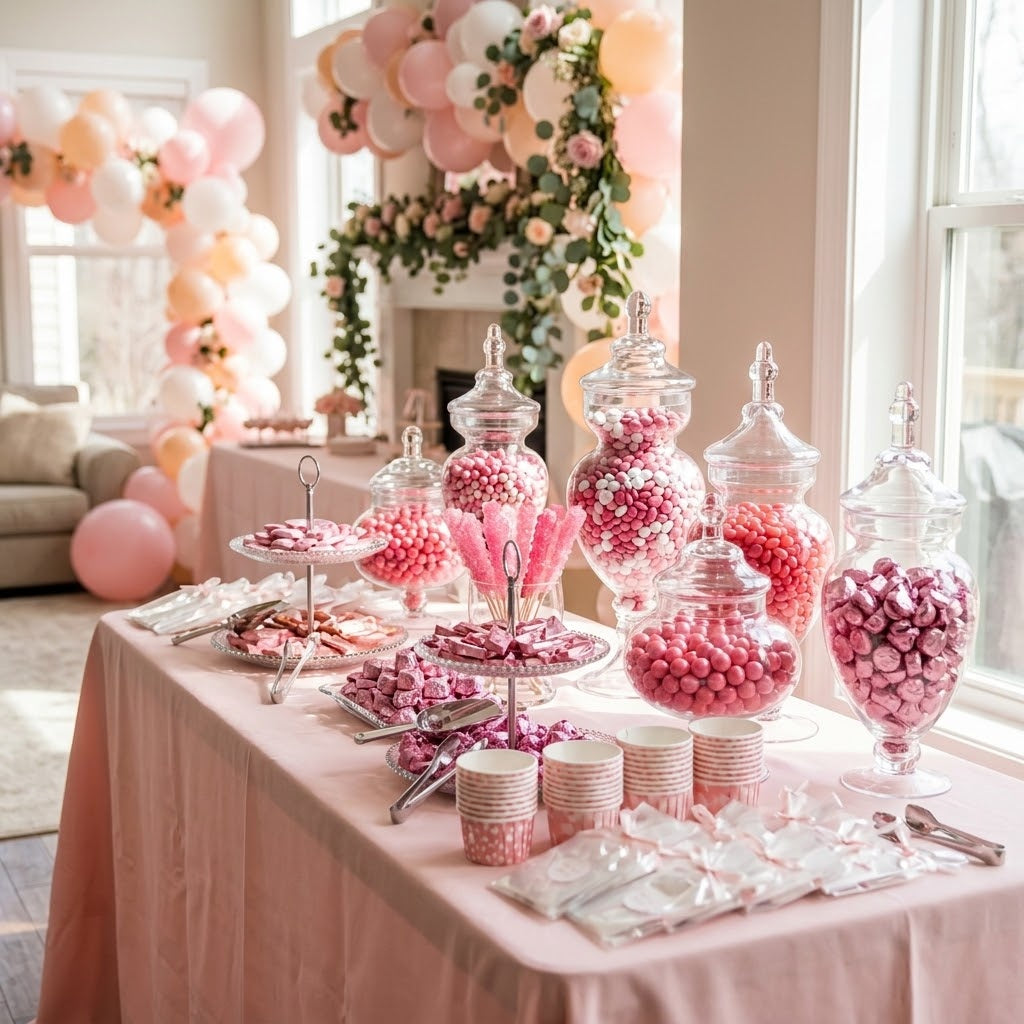 Pink candy buffet with glass apothecary jars of pink candies styled for a baby shower, kosher, made in Chestnut Hill MA