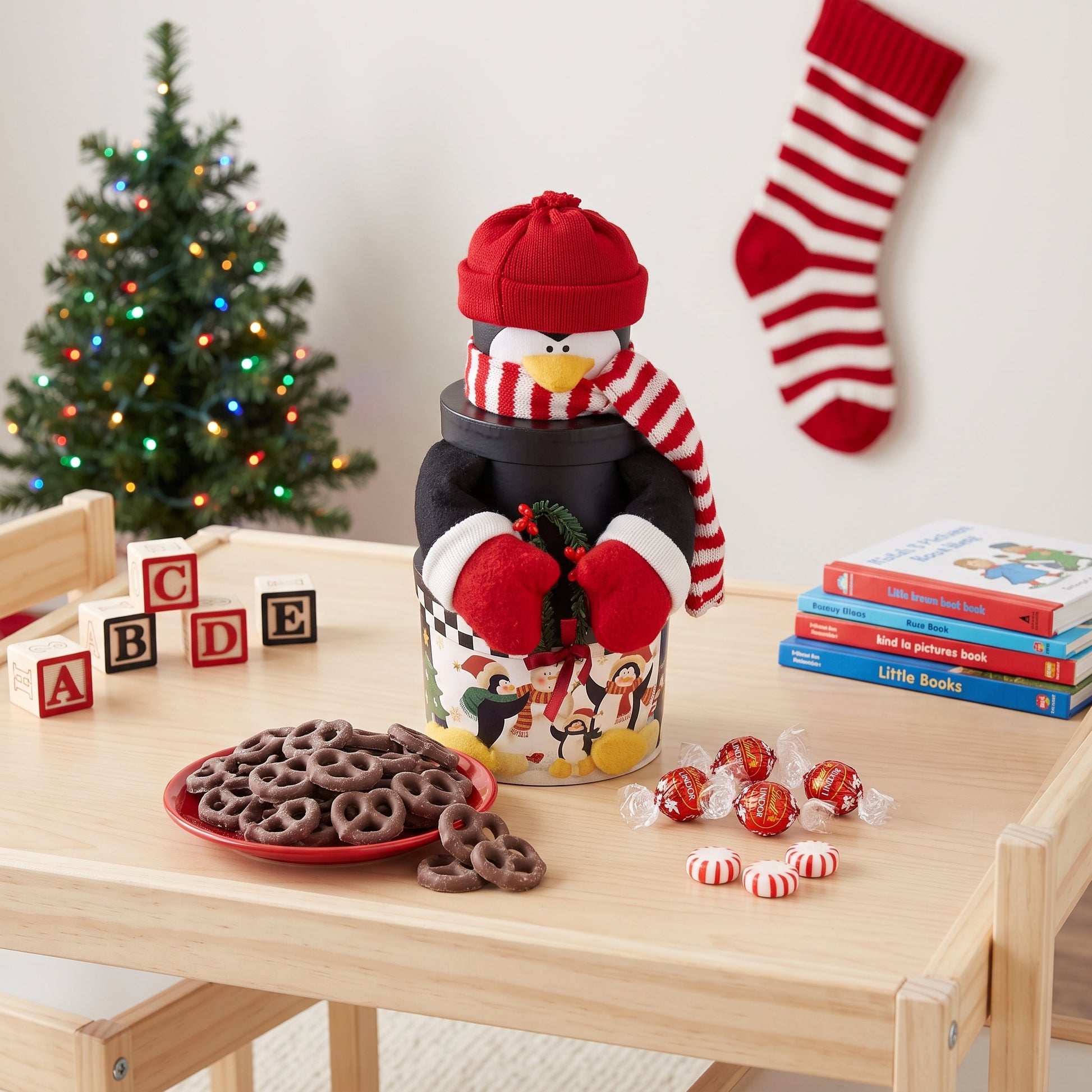 Plush penguin holiday gift box with a plush penguin in a red knit hat, chocolate covered pretzels and Lindor truffles, on a child's play table in a playroom at Christmas