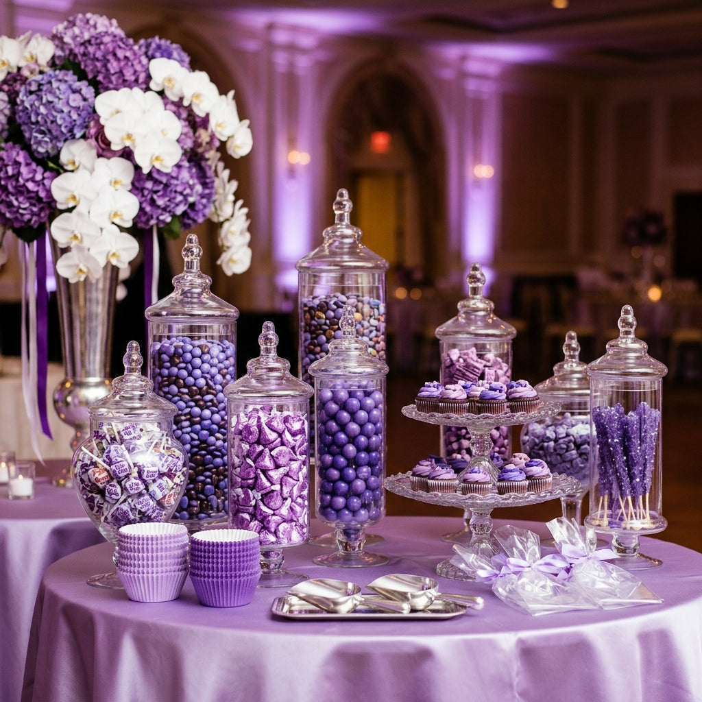 Purple candy buffet with glass apothecary jars of purple candies styled for a bat mitzvah reception, kosher, made in Chestnut Hill MA