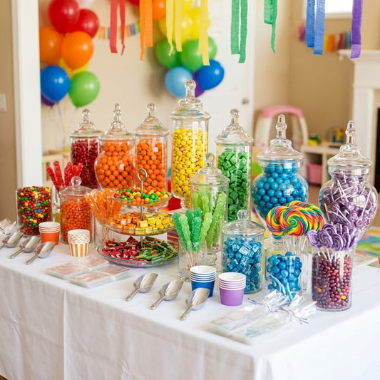 Rainbow candy buffet with glass apothecary jars of colorful candies styled for a kids birthday party, kosher, made in Chestnut Hill MA