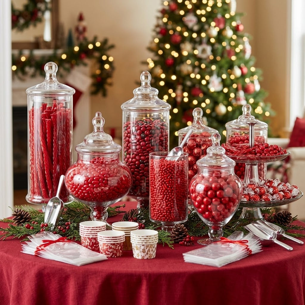 Red candy buffet with glass apothecary jars of red candies styled for a holiday party, kosher, made in Chestnut Hill MA