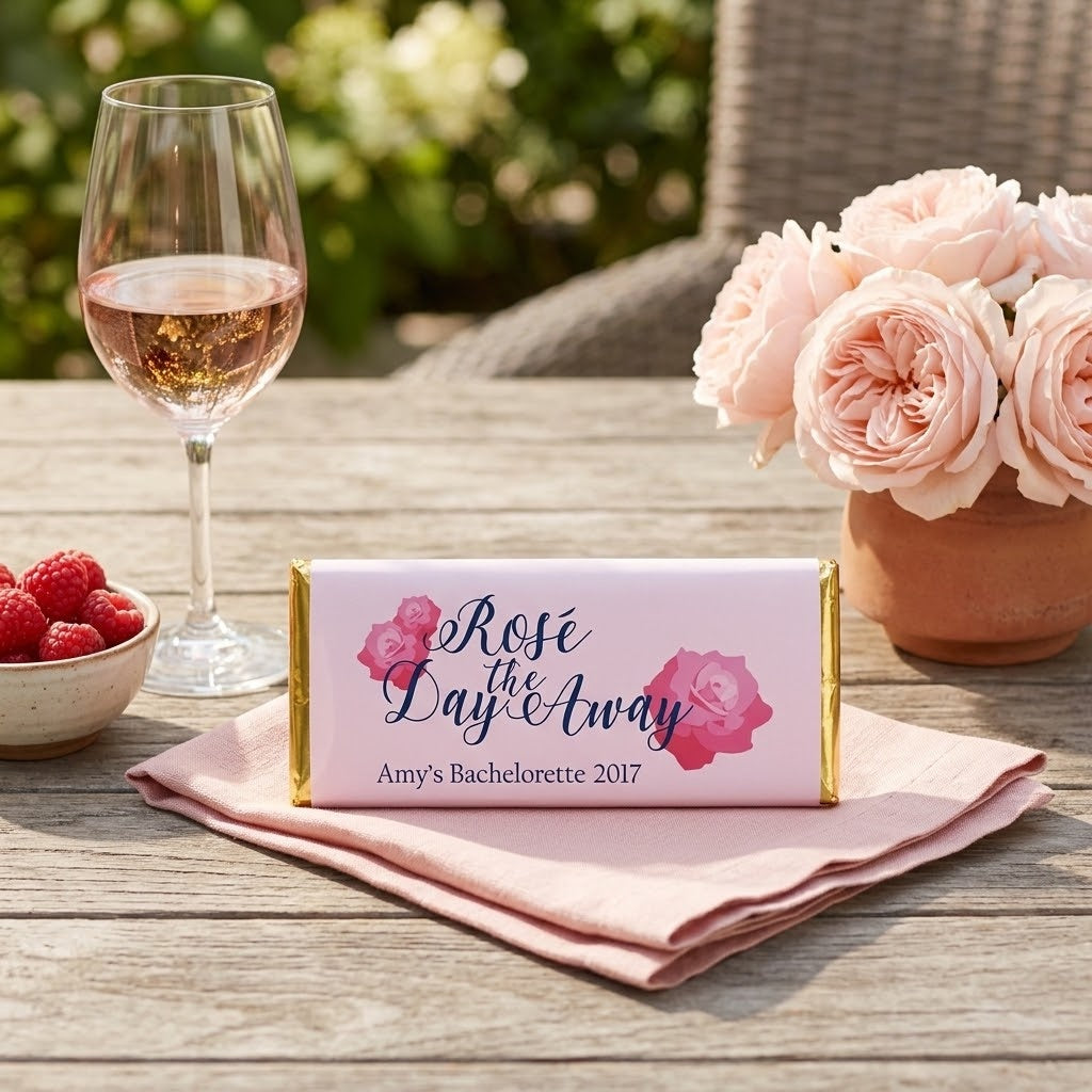 Rose design, Rose the Day Away bachelorette wrapped Hershey bar styled on an outdoor patio table with rose and raspberries