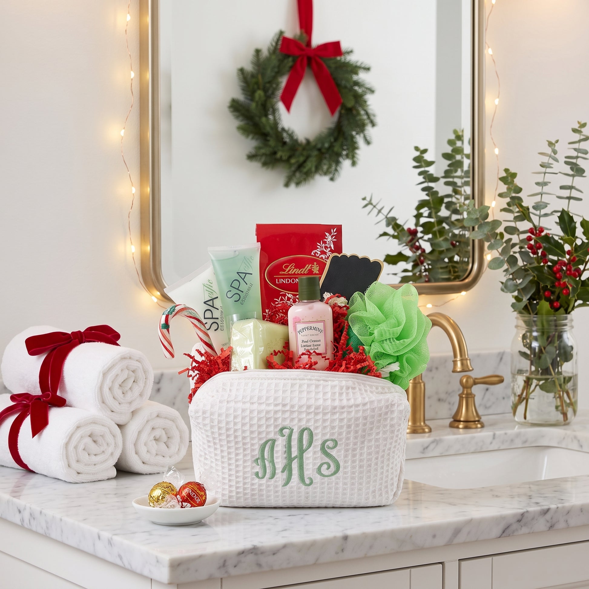 Shoppers respite holiday gift basket with a monogrammed cosmetic case, lotions, a candle, a bath puff and Lindt chocolates, set on a bathroom vanity decorated for Christmas