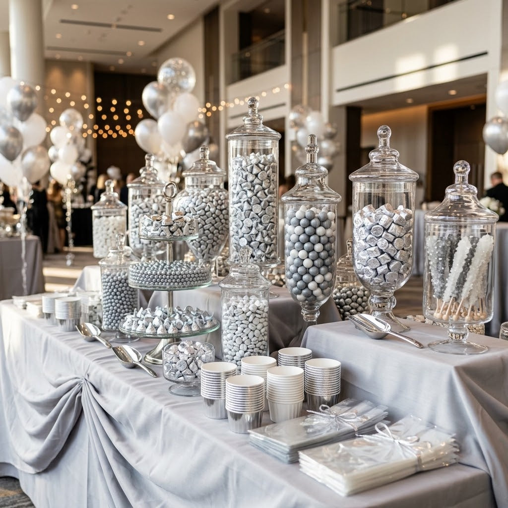 Silver candy buffet with glass apothecary jars of silver candies styled for a corporate gala, kosher, made in Chestnut Hill MA