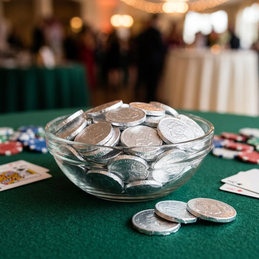 Silver foil wrapped chocolate coins in a glass bowl on a casino night fundraiser table, kosher, made in Chestnut Hill MA