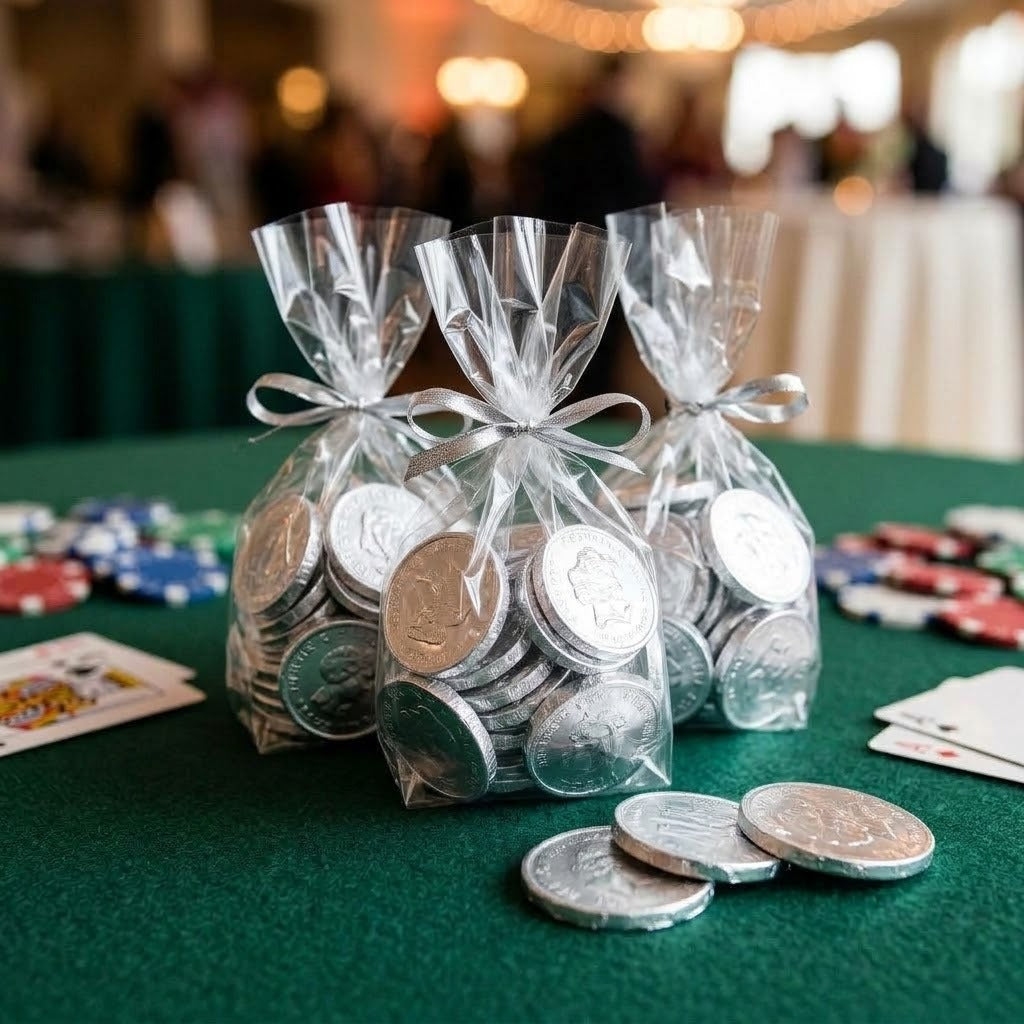 Silver foil-wrapped chocolate coins packed in clear cellophane party favor bags tied with silver ribbon on a casino night table
