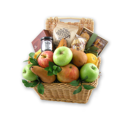 Sympathy fruit basket with fresh fruit, chocolates, dried fruit, mixed nuts, dipping pretzels and dipping fudge in a hamper basket