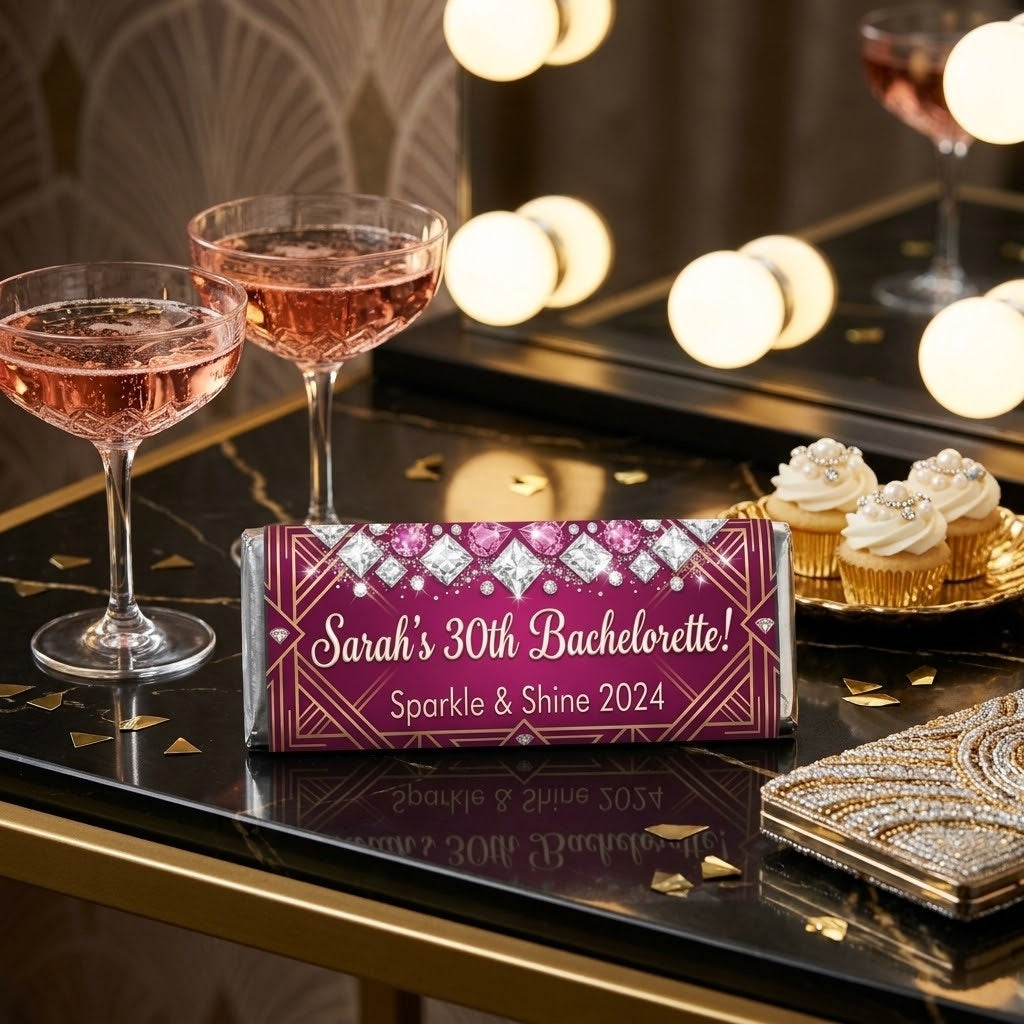 Sparkle and Shine design, bachelorette wrapped Hershey bar styled in a glamorous Art Deco scene