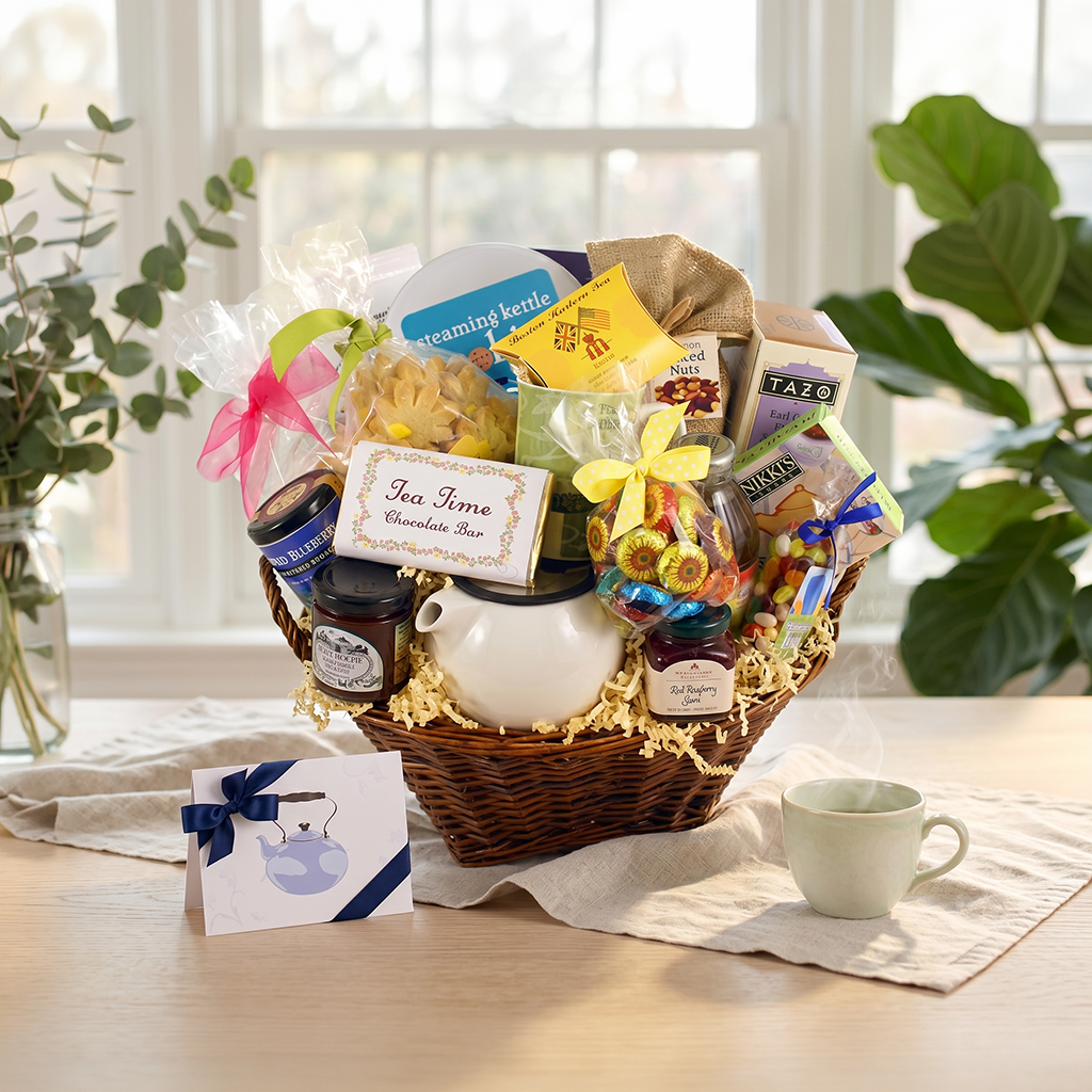 Extra large tea gift basket with a teapot for one, Republic of Tea, chocolates, cookies and personalized note cards