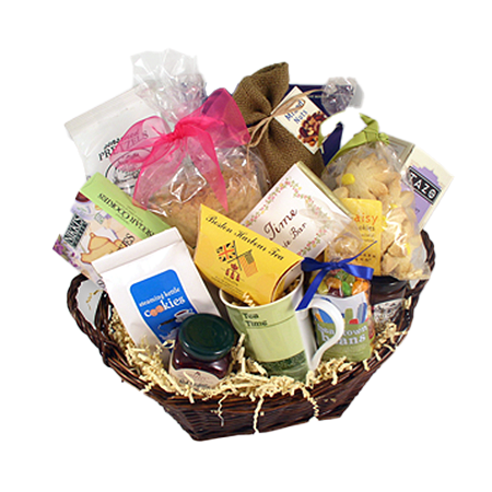 Large tea gift basket with kettle chips, crackers, raspberry jam, gourmet jelly beans, lemon daisy cookies and a mug
