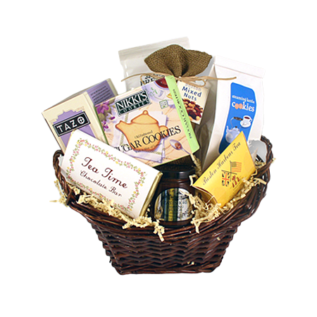 Tea gift basket with assorted teas, a Tea Time chocolate bar, teapot shaped sugar cookies and Boston mixed nuts in a willow basket