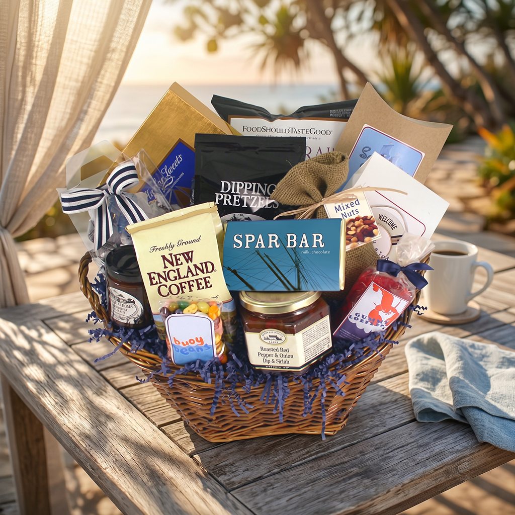 Take it Breezy coastal gift basket with salt water taffy, gummy lobsters, Harbor Sweets chocolates and New England coffee in a willow basket