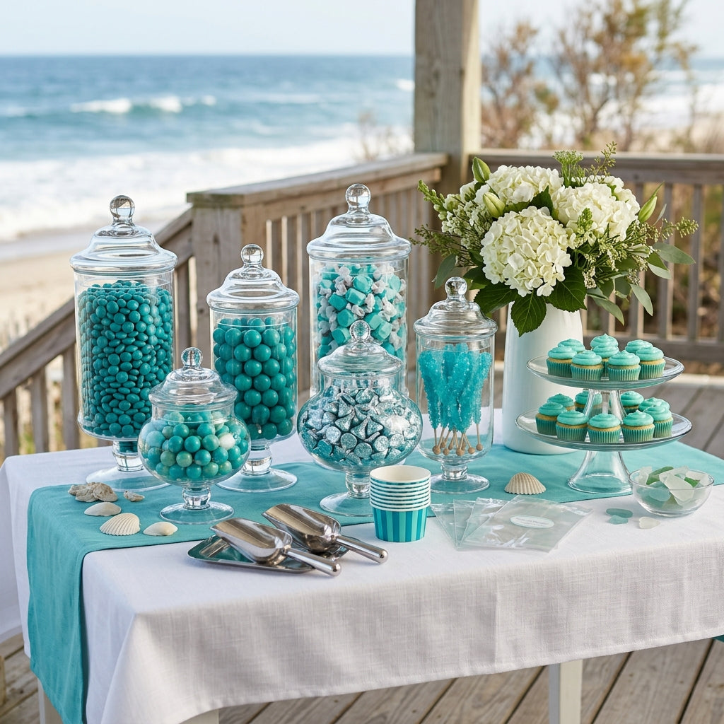 Teal candy buffet with glass apothecary jars of teal candies styled for a seaside engagement party, kosher, made in Chestnut Hill MA