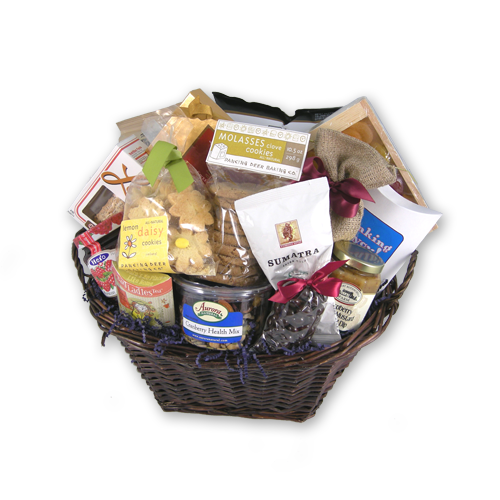 Extra large thinking of you gift basket with chocolate espresso cake, salsa, biscotti and assorted chocolates in a willow basket