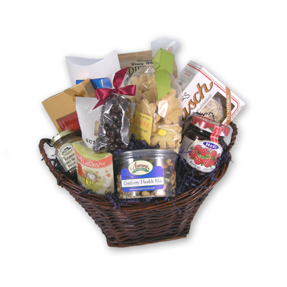 Medium thinking of you gift basket with shortbread cookies, jam and chocolate espresso beans in a willow gift basket
