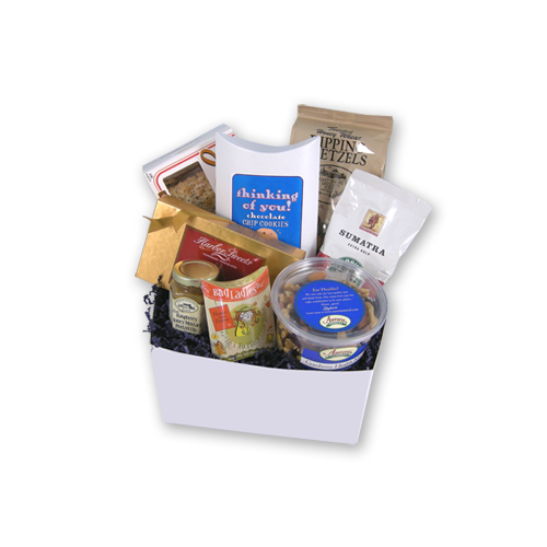 Regular thinking of you gift basket with cookies, chocolates, cranberry nut mix, tea and coffee in a decorative gift box