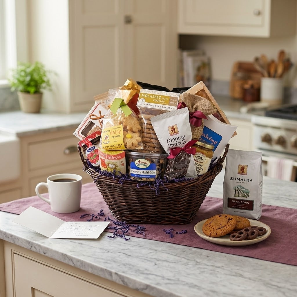 Thinking of you gift basket on a kitchen island with a mug of coffee, an open note card and a plate of cookies and chocolate covered pretzels