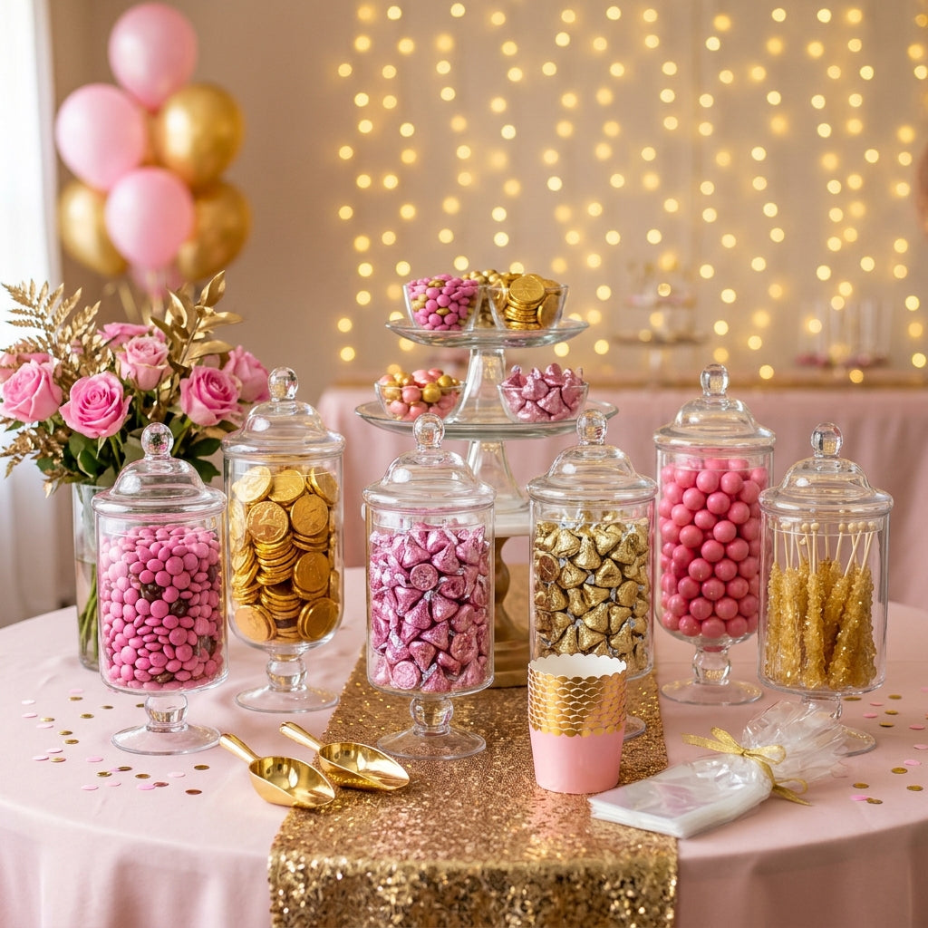Two-tone candy buffet in pink and gold with glass apothecary jars styled for a sweet sixteen party, kosher, made in Chestnut Hill MA