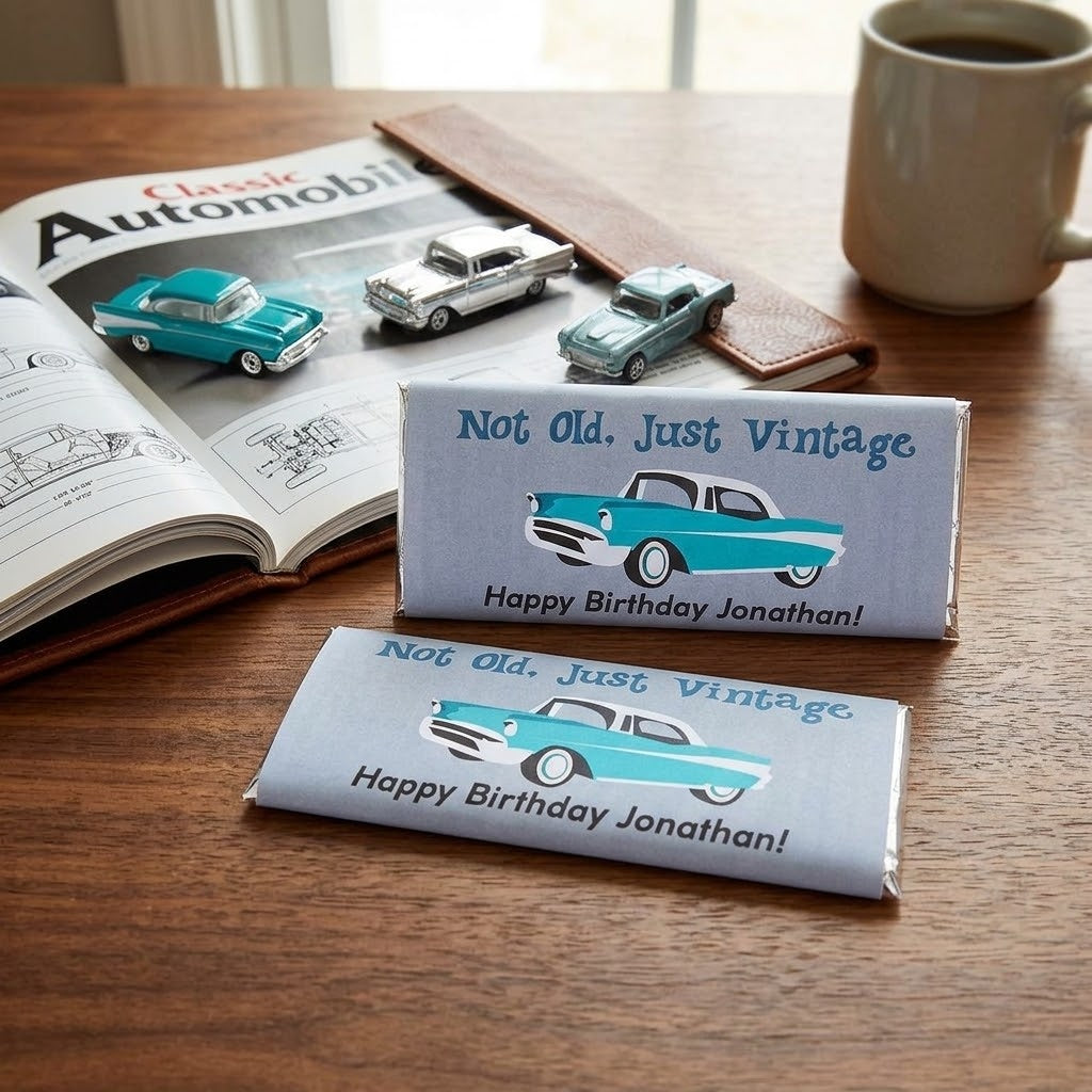 Vintage Birthday Bar personalized Hershey bars styled on a wood table with classic car magazine and toy cars