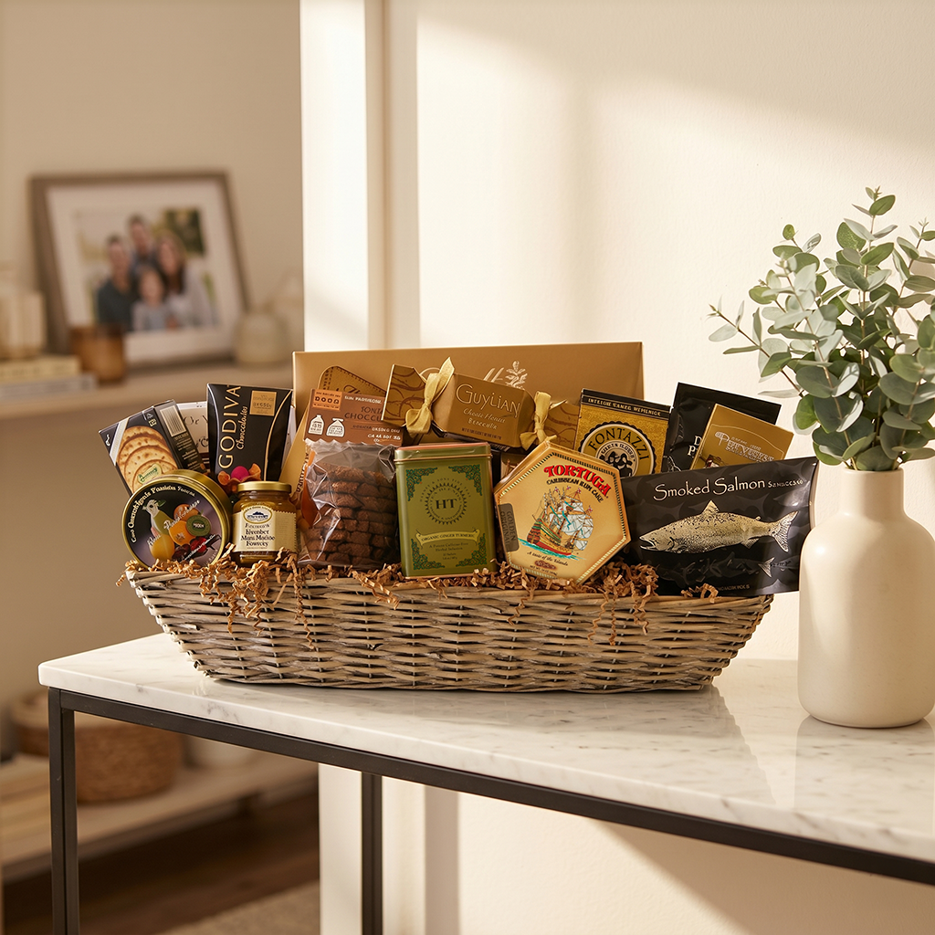 VIP gold gift basket with smoked salmon, cheese sticks, chocolate truffles, cake and cookies arranged in gold