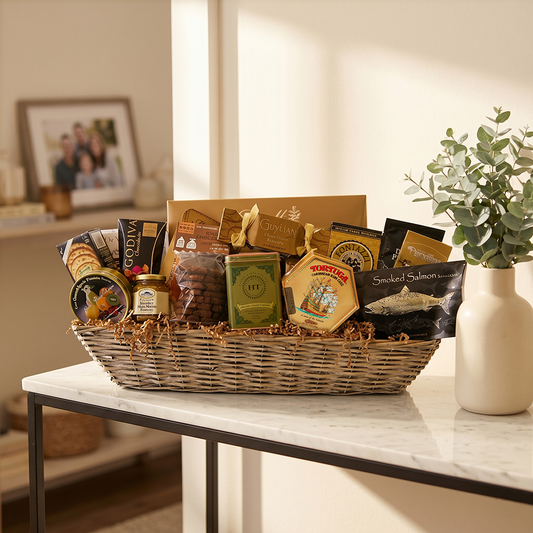 VIP gold gift basket with smoked salmon, cheese sticks, chocolate truffles, cake and cookies arranged in gold