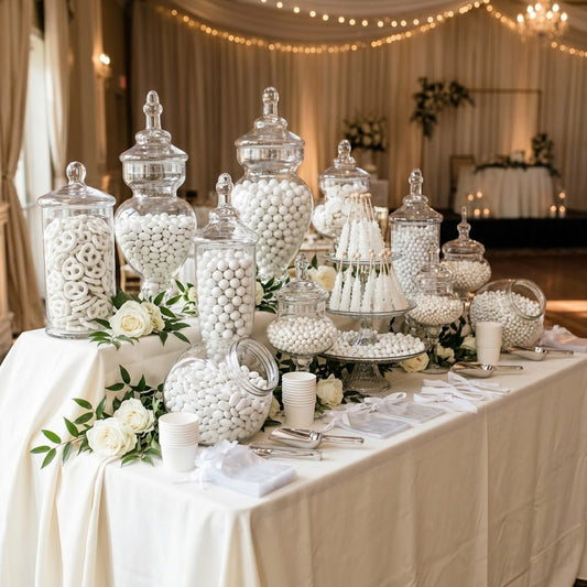 White candy buffet with glass apothecary jars of white candies styled for a wedding reception, kosher, made in Chestnut Hill MA