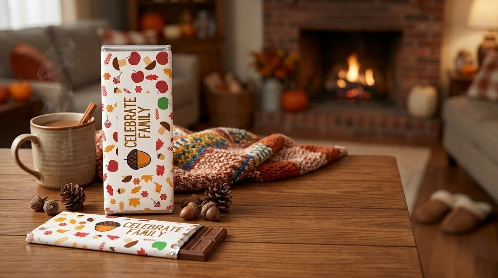 Wrapped Candy Bars collection banner option, Celebrate Family Bar by the fireplace with a knit blanket and hot cider