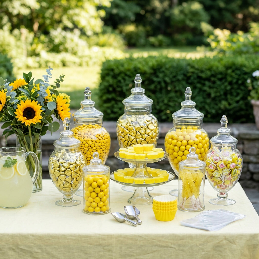 Yellow candy buffet with glass apothecary jars of yellow candies styled for a garden party, kosher, made in Chestnut Hill MA