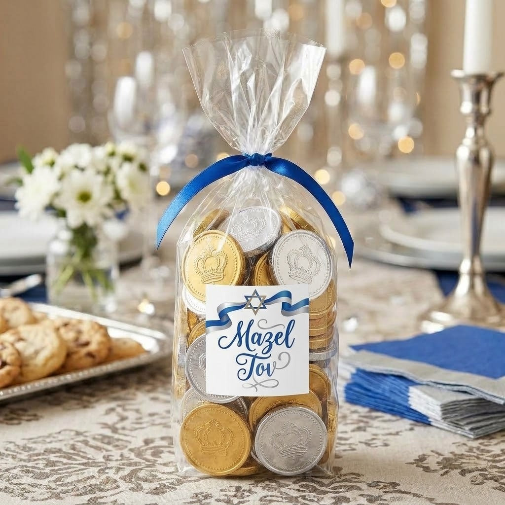 Madelaine gold and silver foil chocolate coins in a candy bag tied with a blue ribbon and a printed Mazel Tov Star of David graphic label on a blue and silver bat mitzvah dessert table, kosher, made in Chestnut Hill MA