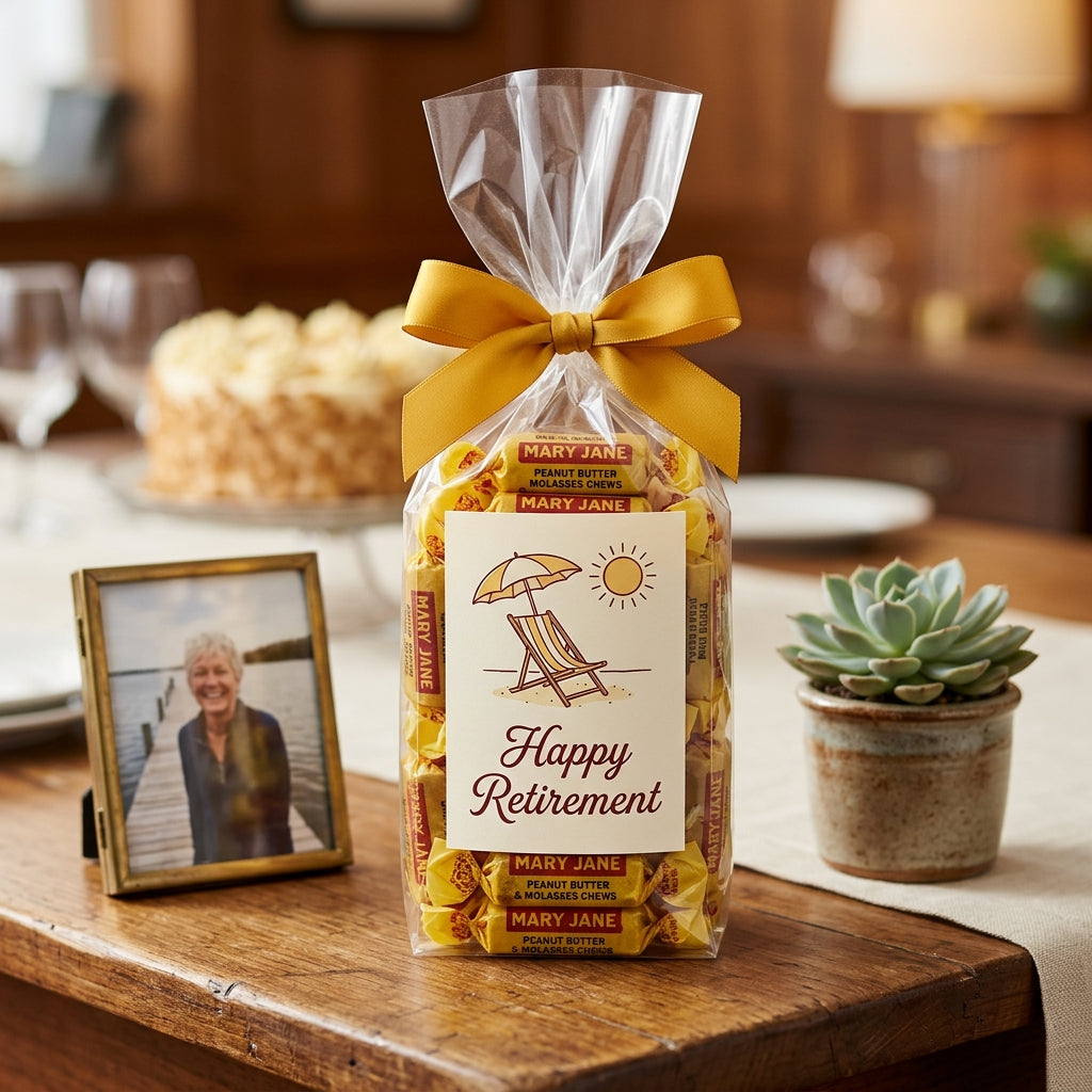 Mary Jane candy bag tied with a mustard yellow ribbon and a printed Happy Retirement graphic label at a retirement party, kosher, made in Chestnut Hill MA