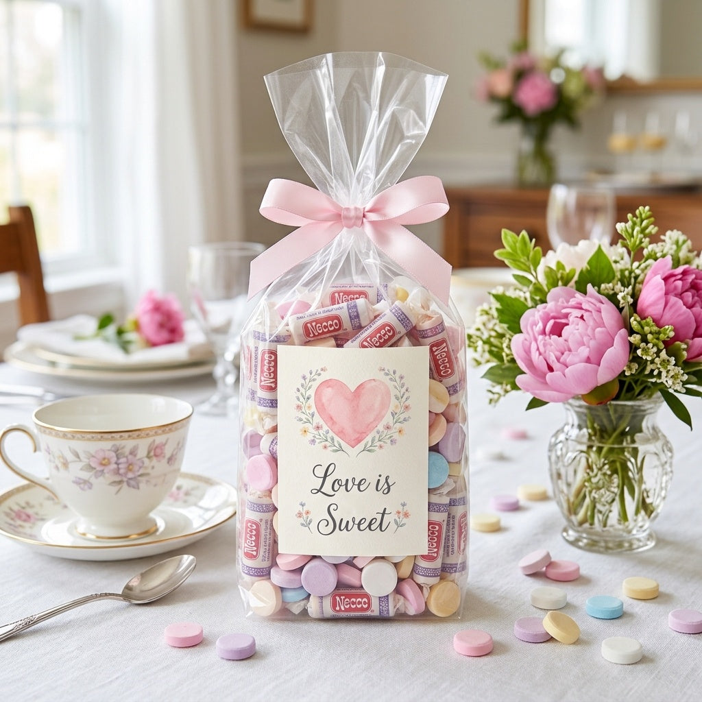 Necco Wafers candy bag tied with a pale pink ribbon and a printed Love is Sweet heart graphic label at a bridal shower brunch, kosher, made in Chestnut Hill MA