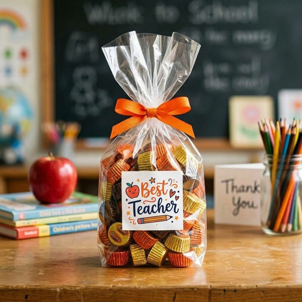 Reese's Miniatures candy bag tied with an orange ribbon and a printed Best Teacher apple and pencil graphic label on a classroom teacher desk, kosher, made in Chestnut Hill MA